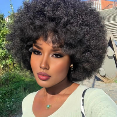 10'' Fluffy Afro Kinky Curly human hair Wig for Women Large Bouncy Soft Short Wig