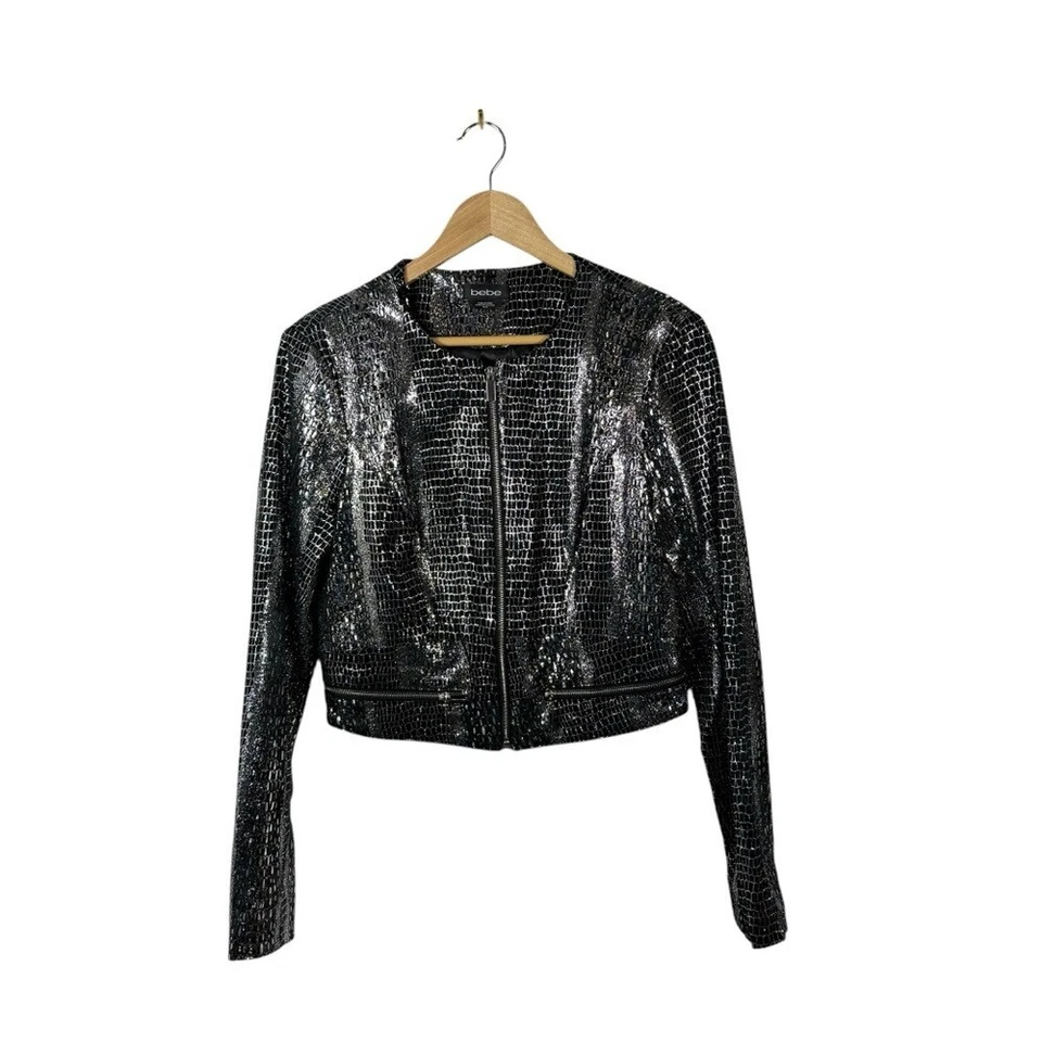 Chaqueta Moto Vintage Y2K Bebe Cuero Genuino Metálica Serpiente Recortada Negra/Plateada M Foto 4 de 4