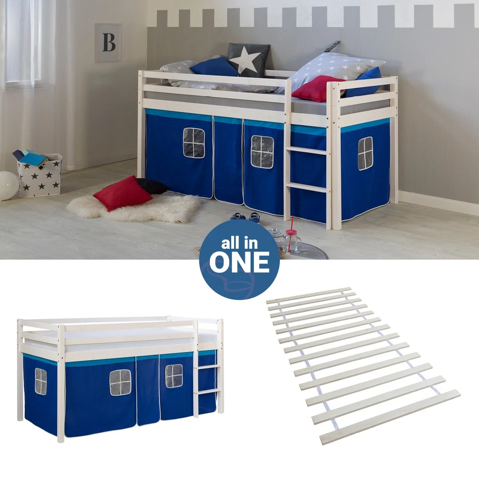 Hochbett 90x200 Kinderbett mit Lattenrost Jungen Weiß Vorhang Blau Homestyle4u - Bild 1 von 4