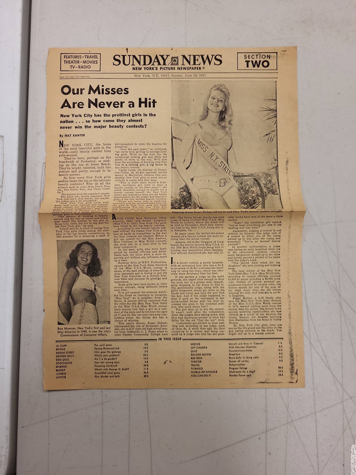 1971 New York Sunday News Sección 2 Miss NY Beauty Pageant James Naughton Al Cap