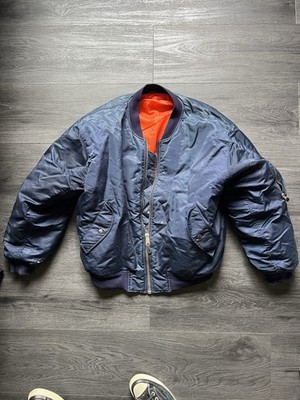 Alpha Industries Heavyweight Navy Bomber Jacket Orange Lining Zipper Accent Men