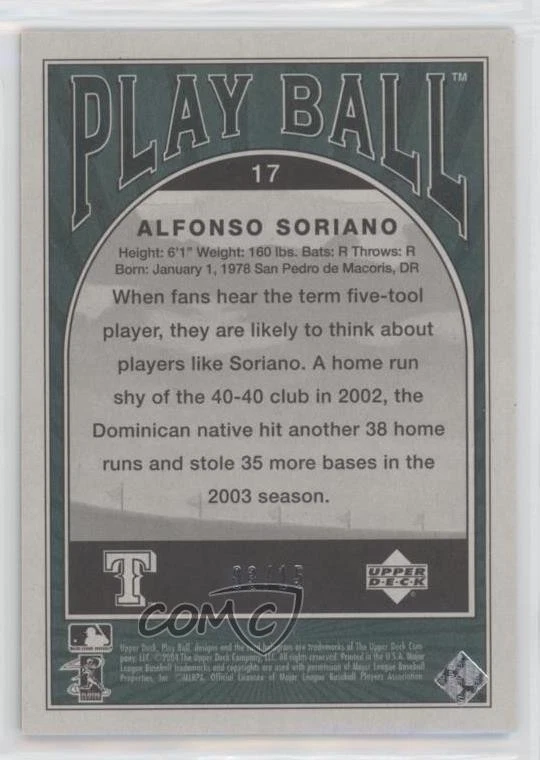 2004 Upper Deck Play Ball Green /15 Alfonso Soriano #17 - Image 2 of 2