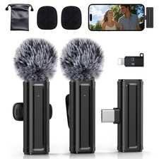 Wireless Mini Microphone for iPhone, iPad, Android, 2 Pack Lavalier Mic Black