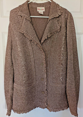 Toffee Apple Textured Knit  Light Jacket Size Large Cocoa Brown Gathered Satin