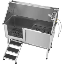 Stainless Steel Dog Washing Station, 62 inch Pet Grooming Tub w/ Stairs, PE Wate