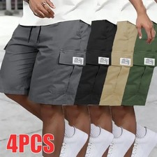 4 Pack Mens Cargo Shorts Elastic Waist Drawstring Multi Color Bundle