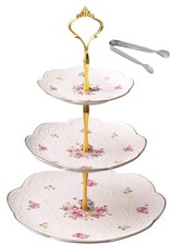 Embossed 3-tier Ceramic Cake Stand- Cupcake Stand with Golden Rim