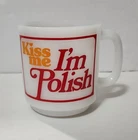Vintage Glasbake Kiss Me I'm Polish Milk Glass 3.5" Cup Mug