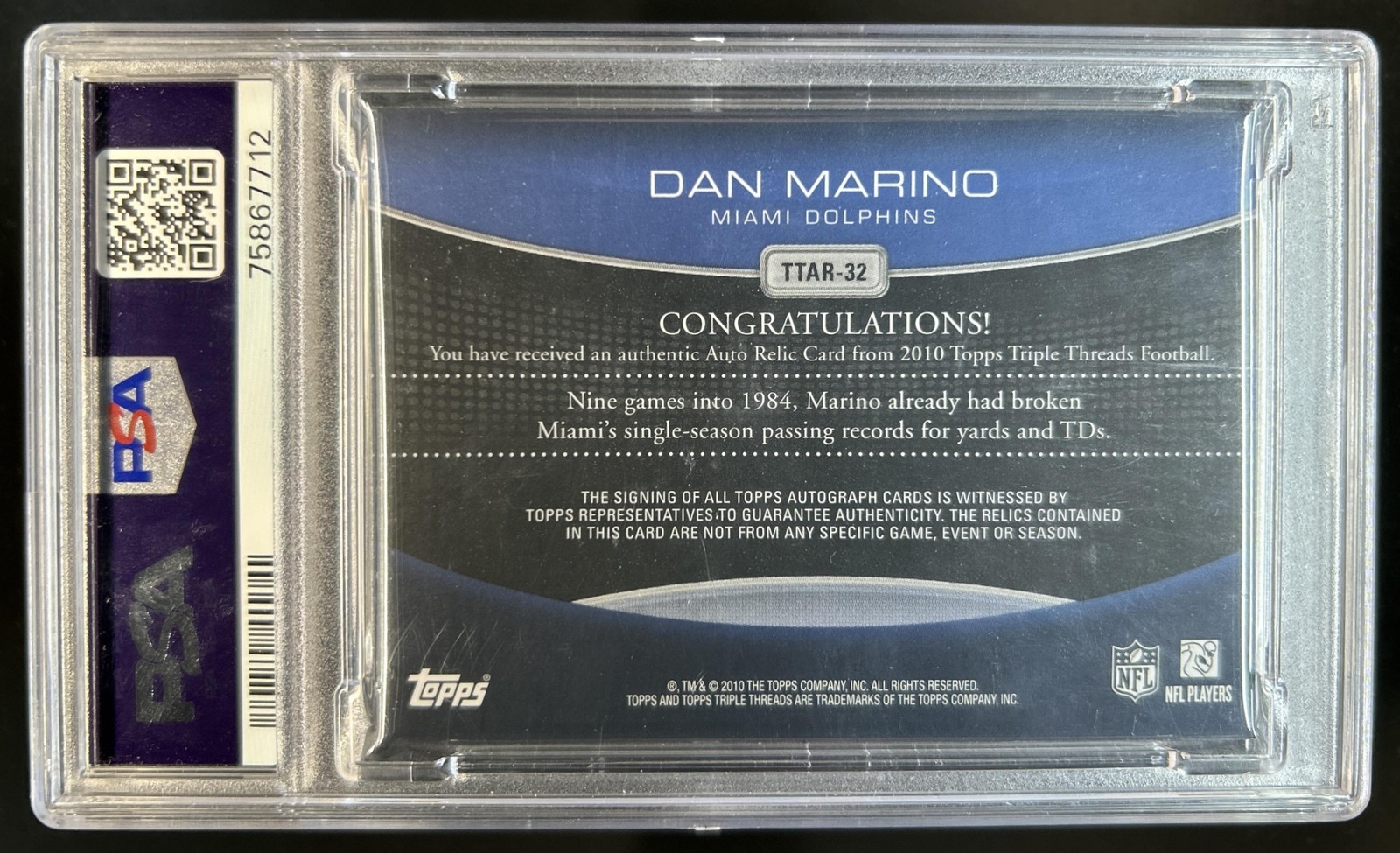 2010 Triple Threads Dan Marino Jersey Auto Autograph #/18 Dolphins PSA 9 10 view 2