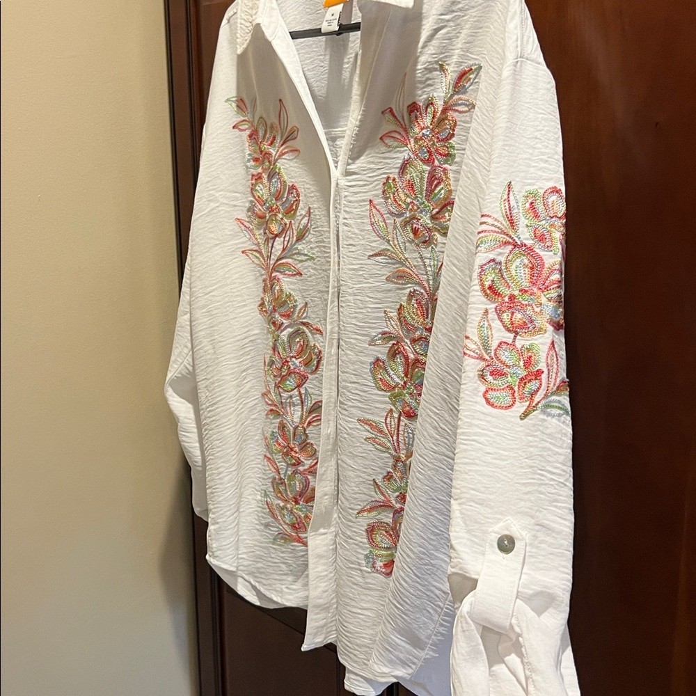 Ruby Rd Floral Embroidered Button Down Crepe Shir… - image 5