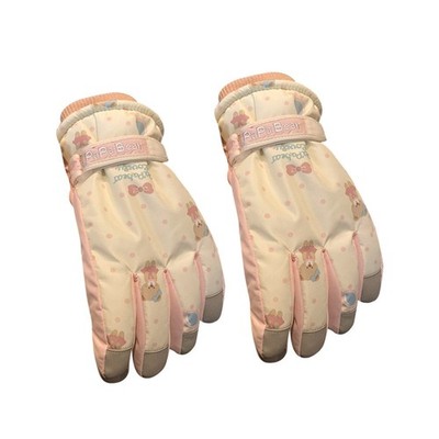 Cute Beige Bear Ski Gloves for Women: Winter Korean Style, Warm, Fleece-Lined