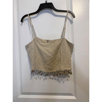 Jason Wu Linen Crop Top Womens M Beige Excellent Shell Fringe Camisole