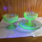 2 Sherbets w/Saucers - Green Uranium-Depression Glassware In Ballerina Pattern