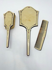 Vintage 1930s Celluloid Vanity Set Mirror Boar Bristle Brush Comb Dresser Decor