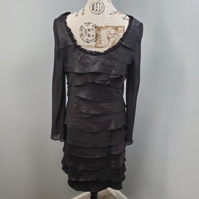 sl fashions beaded tiered dress SL Fashions Beaded Shoulder Long Sleeves Chiffon Jacket with Scoop Neck Tiered  Skirt Dress main image 0
