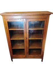 Antique Victorian Golden Tiger Oak Glass 2-Door Bookcase China Cabinet