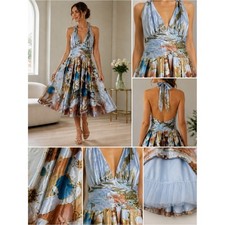 Adrianna Papell Silk Beaded Halter Dress Blue Floral Size 2