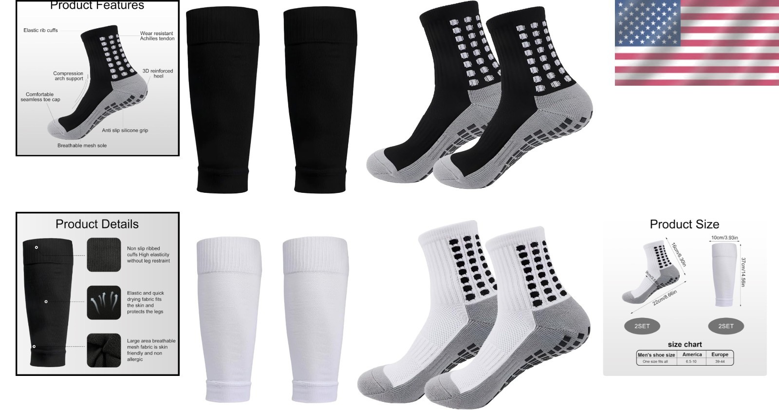 2 Set Grip Soccer Socks & Shin Guard Sleeves Non-Slip Sports Sleeve Socks Men Wo