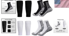 2 Set Grip Soccer Socks & Shin Guard Sleeves Non-Slip Sports Sleeve Socks Men Wo