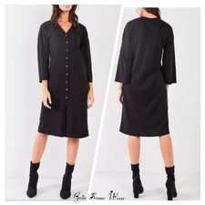 GSW Black Strip Ribbed V-Neck Button Down Midi Dress