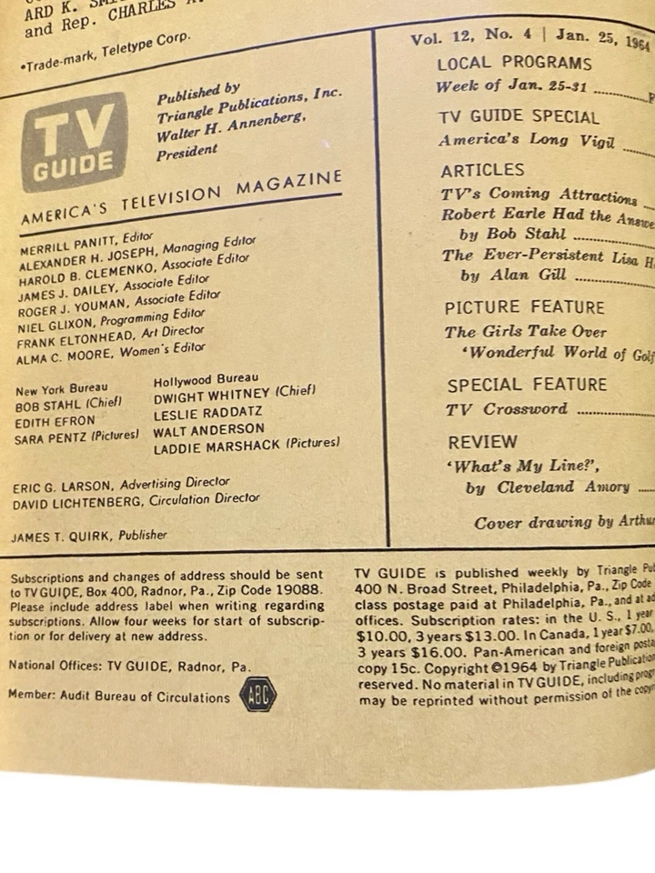 TV Guide Jan 25 1964 America's Long Vigil 3 pages Kennedy SHOT L.A. ed. NO LABEL - Image 2 of 4