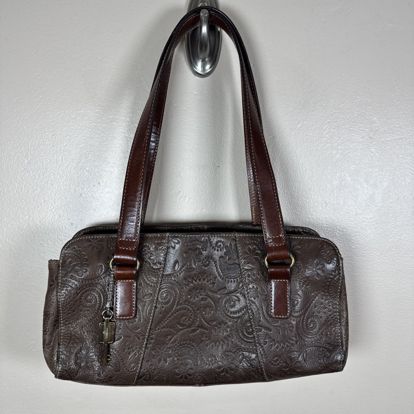 Fossil VTG Shoulder Purse Handbag Easy West Embossed Leather Brown Y2K Boho