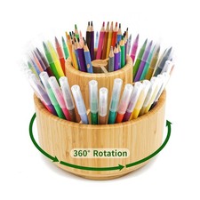 360  Rotating Bamboo Desk Pen Holder, Art Supply Organizer, Medium Size Storage