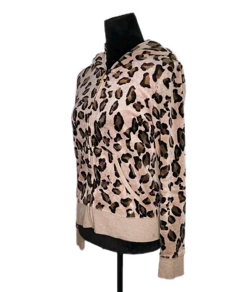 Juicy Couture Leopard Print Velour Full Zip Hooded Jacket Sz L Crown Y2K Flawed - Image 2 of 4