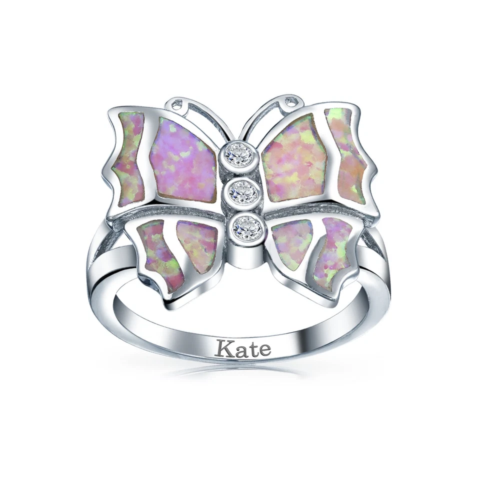 Cocktail Statement Ring: Pink Opal Butterfly with CZ Accents in Sterling Silver Foto 2 de 4