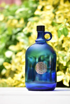 Glass Bottle 2 Liters in Blue with Flower of Life
