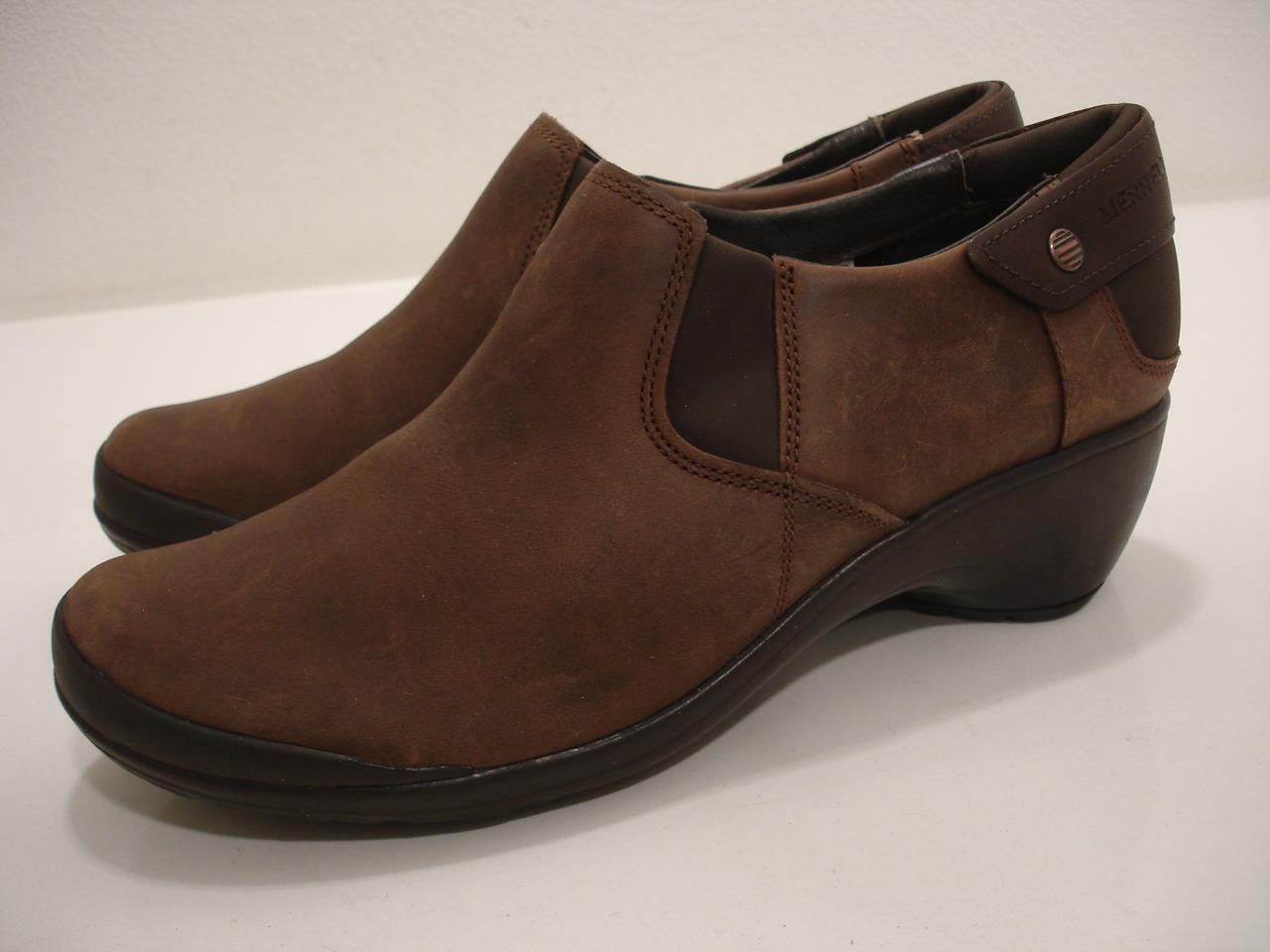 MERRELL Stivali donna 10 M veranda burro rum marrone pelle zoccoli scarpe slip on