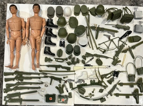 Vtg 1964 GI Joe Action Scar Figures (2) Lot w/Guns, Grenades, Clothes, & More
