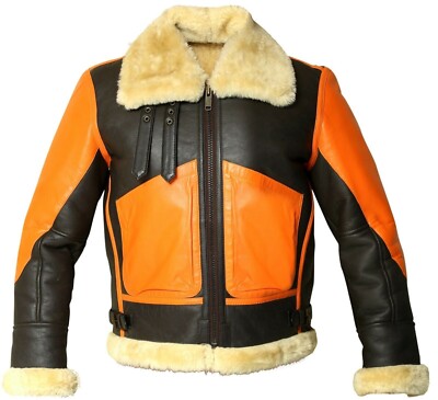 Men's Brown Aviator RAF B3 Shearling Bomber Real Sheepskin Leather Fur Jacket