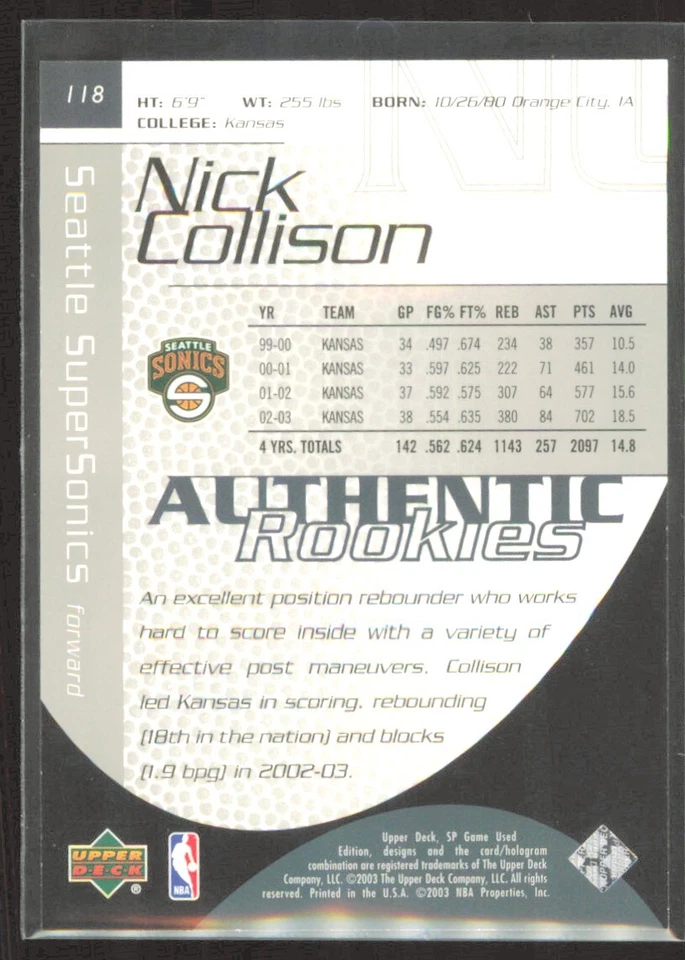 2003-04 SP Game Used Edition Nick Collison Rookie /999 #118 - Image 2 of 2