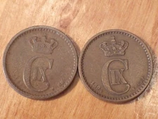 Denmark 1894 and Unreadable Date One Ore Coins
