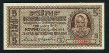 UKRAINE   5 Karbowanez 1942 aUNC  P51   WORLD WAR II  GERMAN OCCUPATION