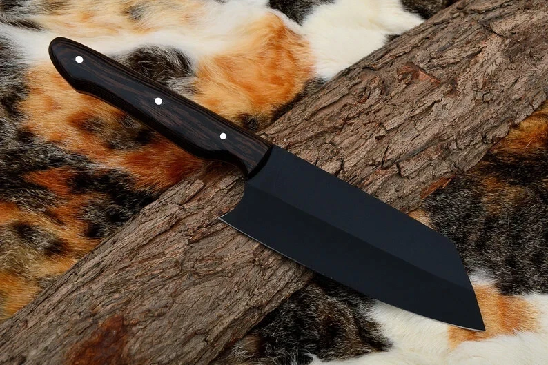 5 pic Handmade D2 Chef Knife black carbon cutting wood handle with leather shet