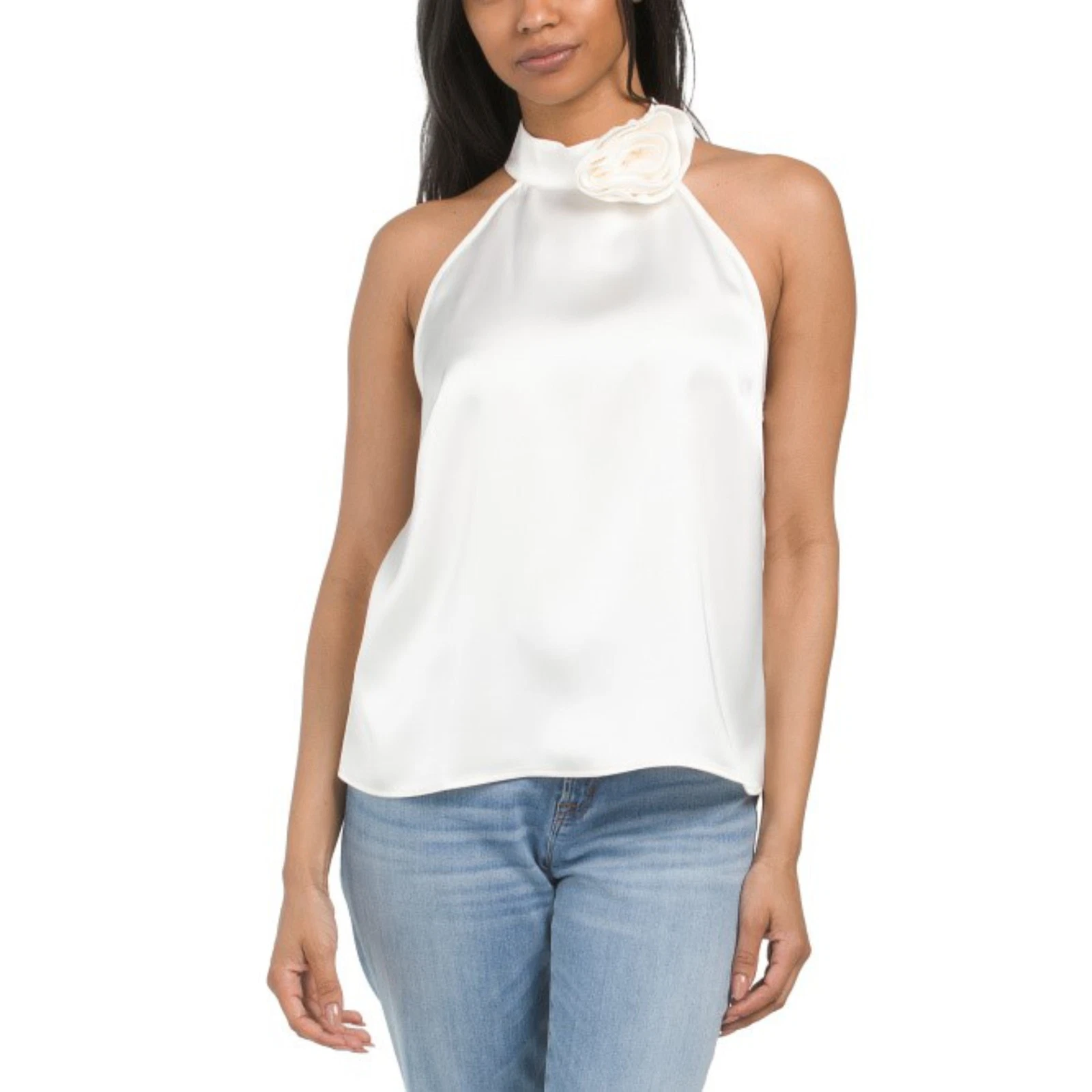 NWT Cynthia Rowley Satin Sleeveless Floral Applique Halter Top Blouse Sz: M-XL