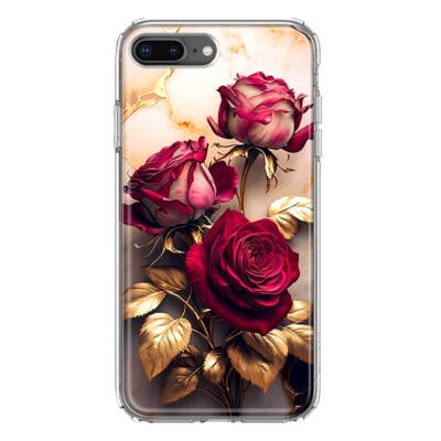 For Apple iPhone 7/8 Plus Shockproof Hybrid Case, Gold Marble Red Roses