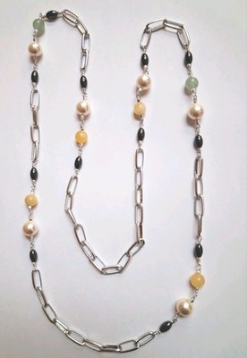 Aluminium Halskette mit Hämatit Steinen, Aventurin, Perlen und Jade 90 cm lang