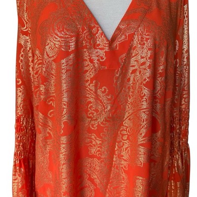 Michael Kors Poppy/Gold Samara Smocked Bell Sleeve Tunic Top Size Med MF74L9077D