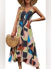 Brovave Boho Summer Maxi Dress - Multicolor Abstract Print, Size S