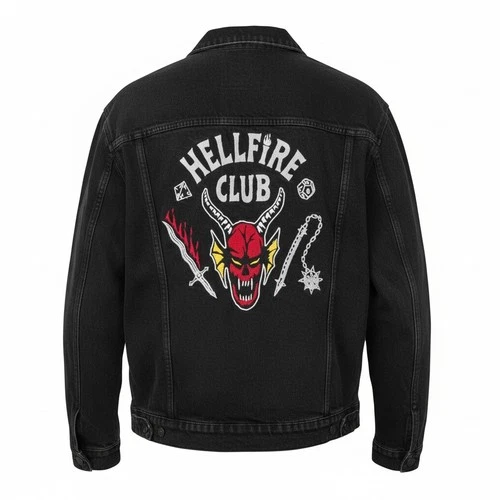Stranger Things Hellfire Club Denim Jacket embroidered  Black XL Mens/Unisex - product listing photo