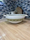 Vintage Pyrex Green and White Verde Square Flowers  Cinderella Bowls Set Of 3