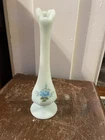 Fenton Blue Satin swung Bud Vase Painted by Joan Edwards 8"