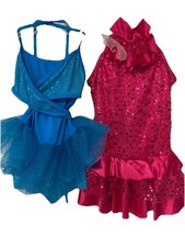 2 Weissman Dance Costumes IC Childs Purple Sequin Biketard Yellow Rainbow Skirt