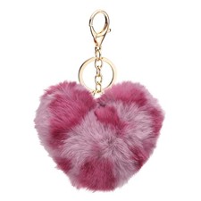 Pom Pom Keychain 10cm Soft Cute Fluffy Heart Key Ring Leopard Pink-Purple