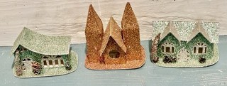 THREE Vintage Putz Christmas Cardboard Mica 2 Green Houses 1 Gold Cathedral