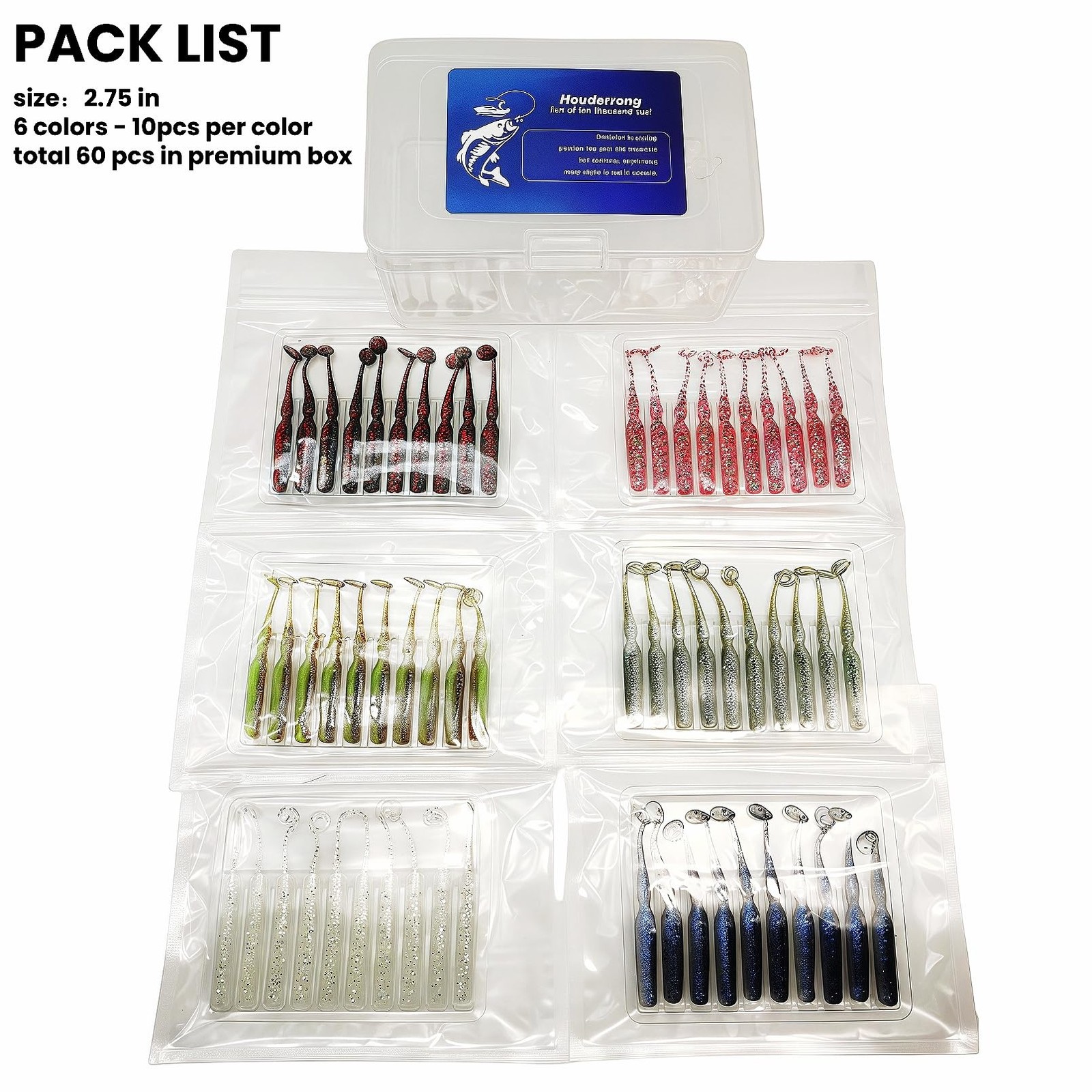 60 Pack 2.75" T-Tail Soft Plastic Swimbaits 6 Color 1/10oz Fishing Lures Bass - Image 2