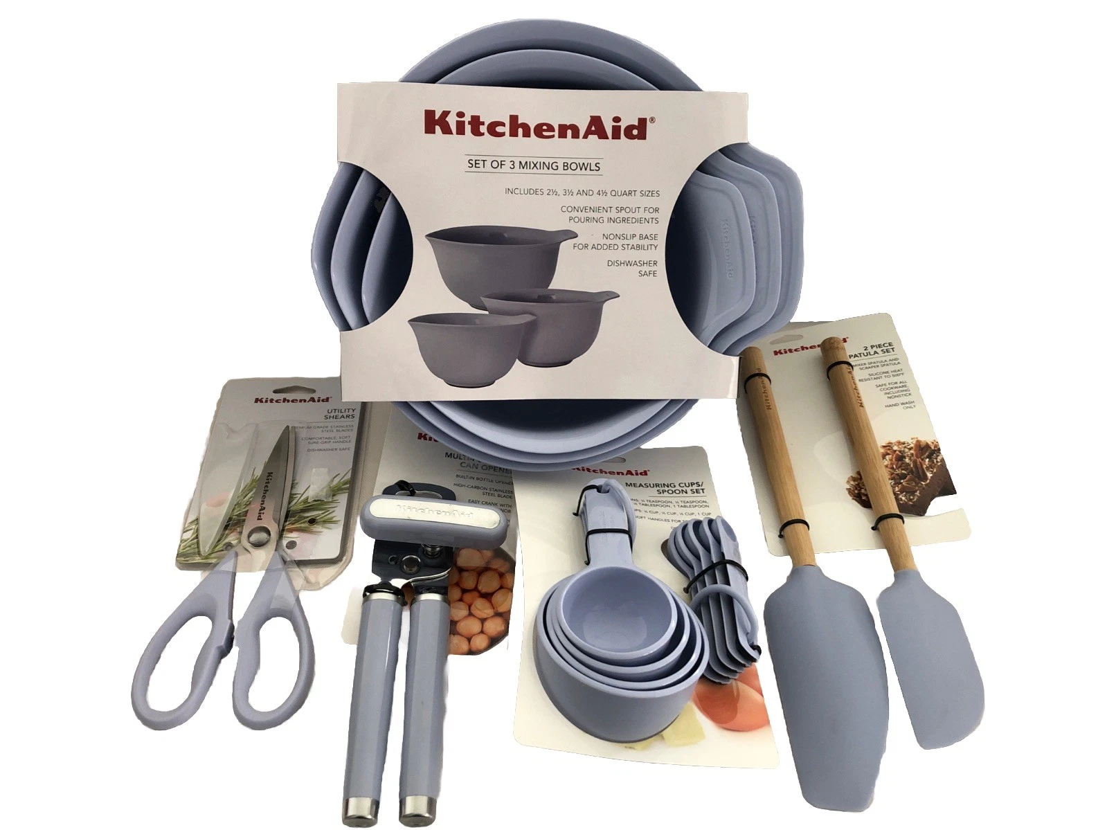 New KitchenAid Lavender Cream Lilac HLVA16 Pc Mixing Bowls Can Opener Spatulas
